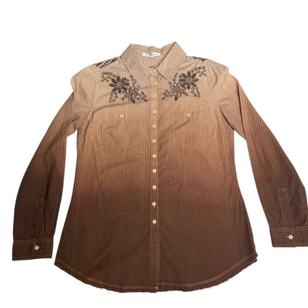 Johnny Was 3J Workshop Embroidered Laser Cut Button Front SMALL Ombre Brown